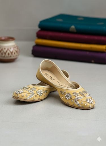 SWAG JUTTI | YELLOW EMBROIDERY | TRADITIONAL EMBROIDERY HEAVY WORK |PARTYWEAR JUTTI MOJRI |